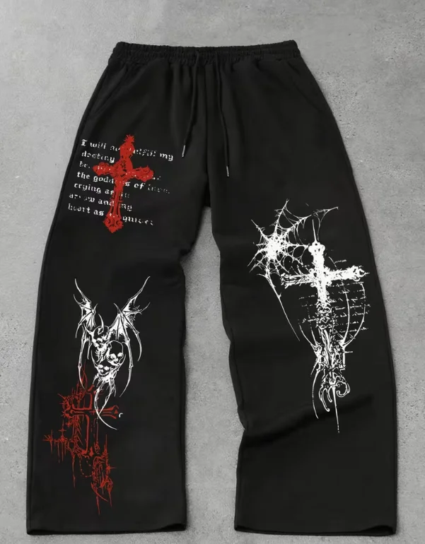 

Retro Cross Pattern 3D Black Sports Pants Men's Dark Aesthetics Gothic Loose Wide Leg Pants Elastic Waist Street Casual Pants