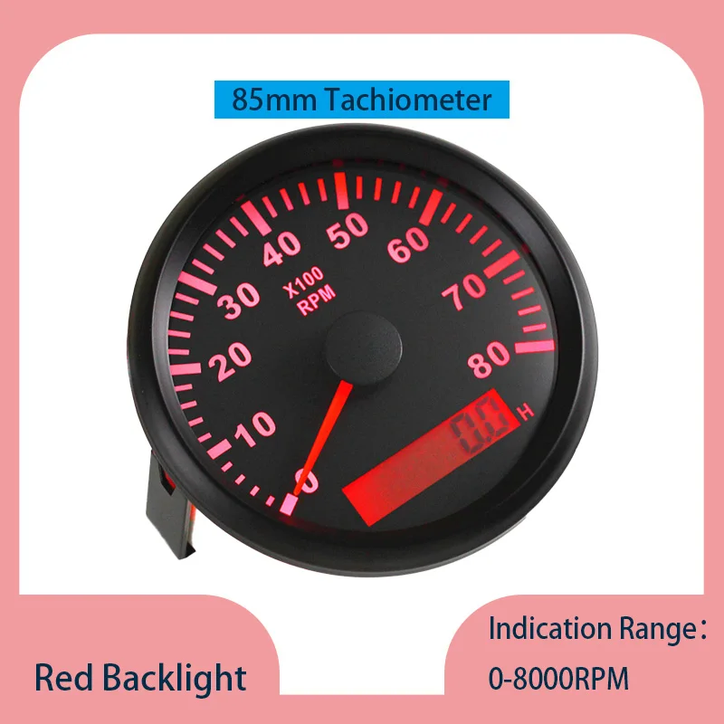 Contagiri Contagiri A Puntatore 0-8000 Giri/Min Contagiri Rev Da 85 Mm Con Contaore E Retroilluminazione Rossa Per Auto, Veicoli E Uso Marino
