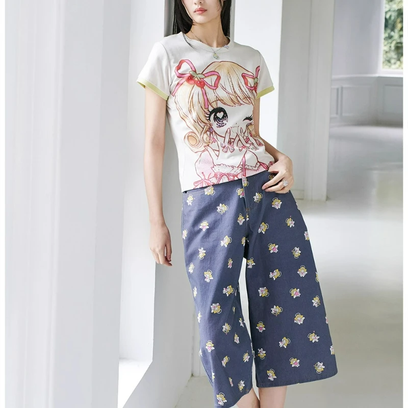 Retro Design Cartoon Print Women's Jeans 2025 Autumn New Sweet Cool Loose Versatile Age Reduction Wide-leg Capris Pants Ladies