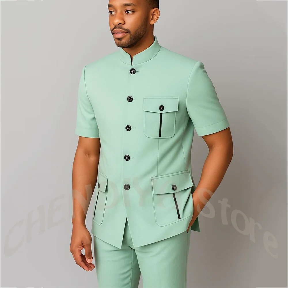 

Mint Green Summer Men's Suit Stand Collar Short Sleeve Jacket Blazer Multi Pocket African Men Casual Business Formal Wear