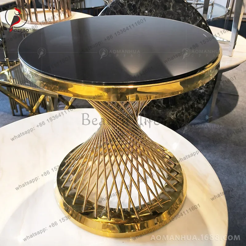 x4 Stainless steel marble coffee table, simple metal hotel meeting table, bird's nest hollow titanium gold