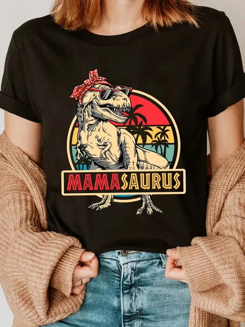 Funny Mama Saurus T-Rex Dinosaur Mom T-Shirt Retro Vintage Tee Soft Crew Neck Short Sleeve Shirt for Women Kids and Men