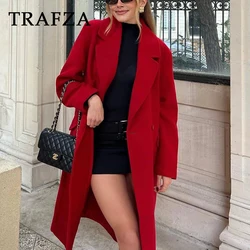 TRAFZA 2024 Winter Women Casual Blending Solid Red Coat Double Breasted Coat Loose Fit Long Coats Vintage Women Fashion Jacket