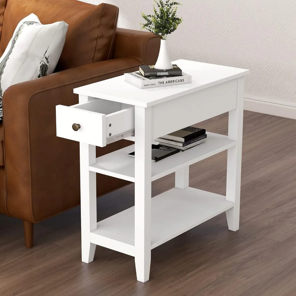 

Side Table Living Room, Narrow End Table with Drawer and Shelf, 3-Tier Sofa End Table for Small Space, White