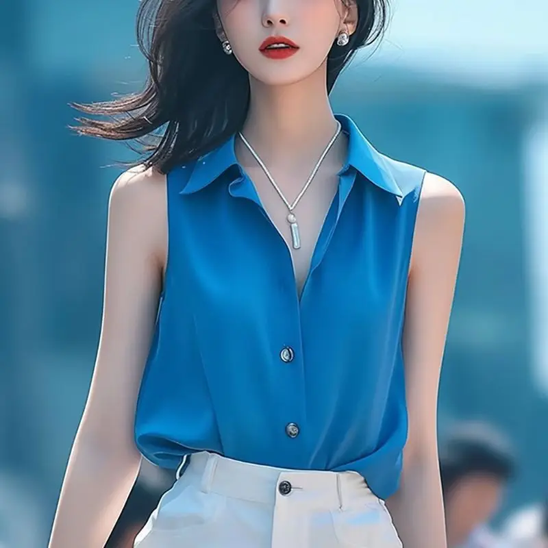 Summer Casual Buttons Solid Color Turn-down Collar Sleeveless Blouse Ladies Office Lady All-match Shirts Women Clothes Top Tee