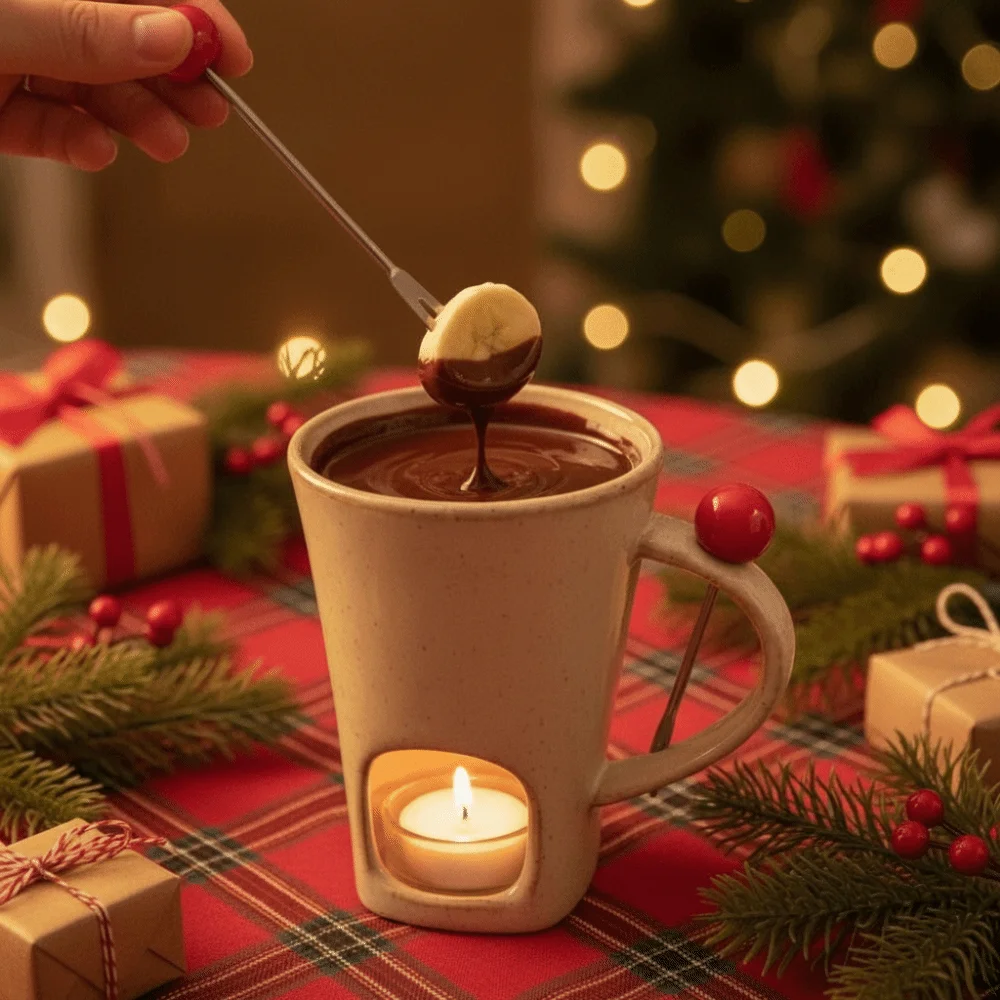 Practical Ceramic Chocolate Fondue Mug Vintage with Fork Tea Light Chocolate Melting Cup Mini Cheese Melting Pot Party
