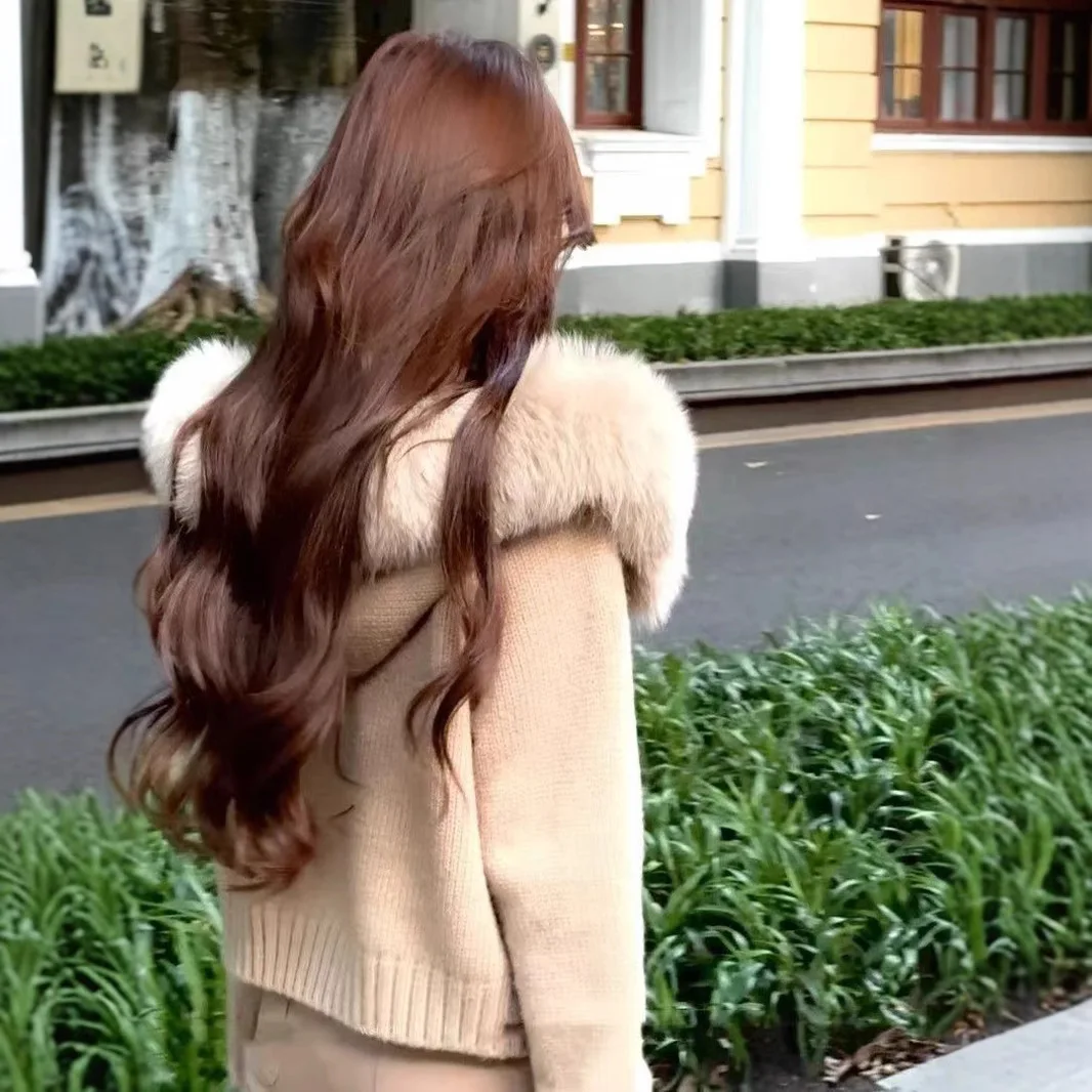 Women Knitted Cardigan Sweaters Solid Jumper Hooded Zipper Long Sleeve Loose Fit Thick Slight Stretch Elegant Casual 2025 Autumn