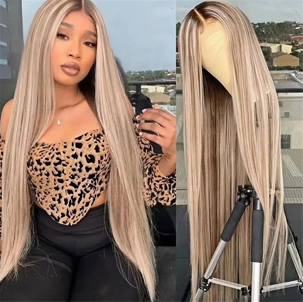 

Easy Maintenance Long Straight Synthetic Lace Front Wig 613 Blonde Ombre with Dark Roots 28 Inch Heat Resistant Fiber for Women