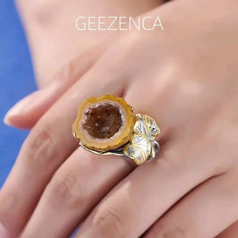 GEEZENCA 925 Silver Two Toned Carved Leaf Rough Crystal Statement Rings For Women Unique Chunky Wide Adjustable Ring Party Gift