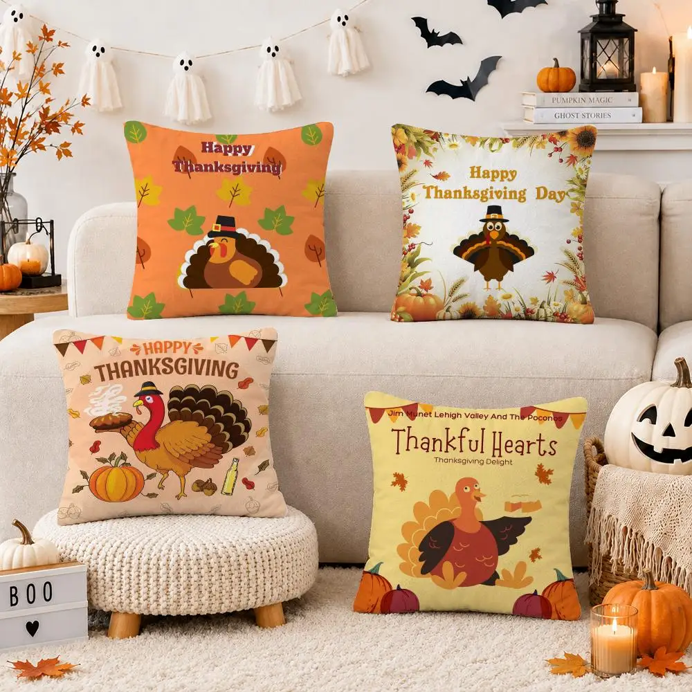 Thanksgiving Cute Turkey Cushion Cover Soft Short Plush Double-Sided Printing Sofa Home Decor Festival Pillow Case Gifts