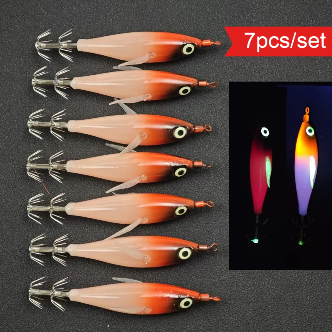 7pcs/set Saltwater Eging Artificial Bait Horizontal Squid Jig Gradient Color Wood Shrimp Lurefor Cuttlefish Octopu Egi Set