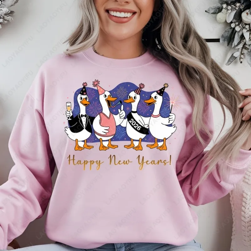 Feliz ano novo ganso moletom véspera de ano novo 2026 festa engraçado dos desenhos animados inverno pulôver champanhe bonito festival gráfico hoodie