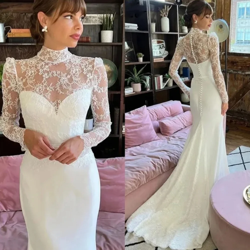 Abito da sposa per donna pizzo collo alto maniche lunghe sirena raso dimagrante Vestidos de novia 2024 abito da sposa lungo fino al pavimento