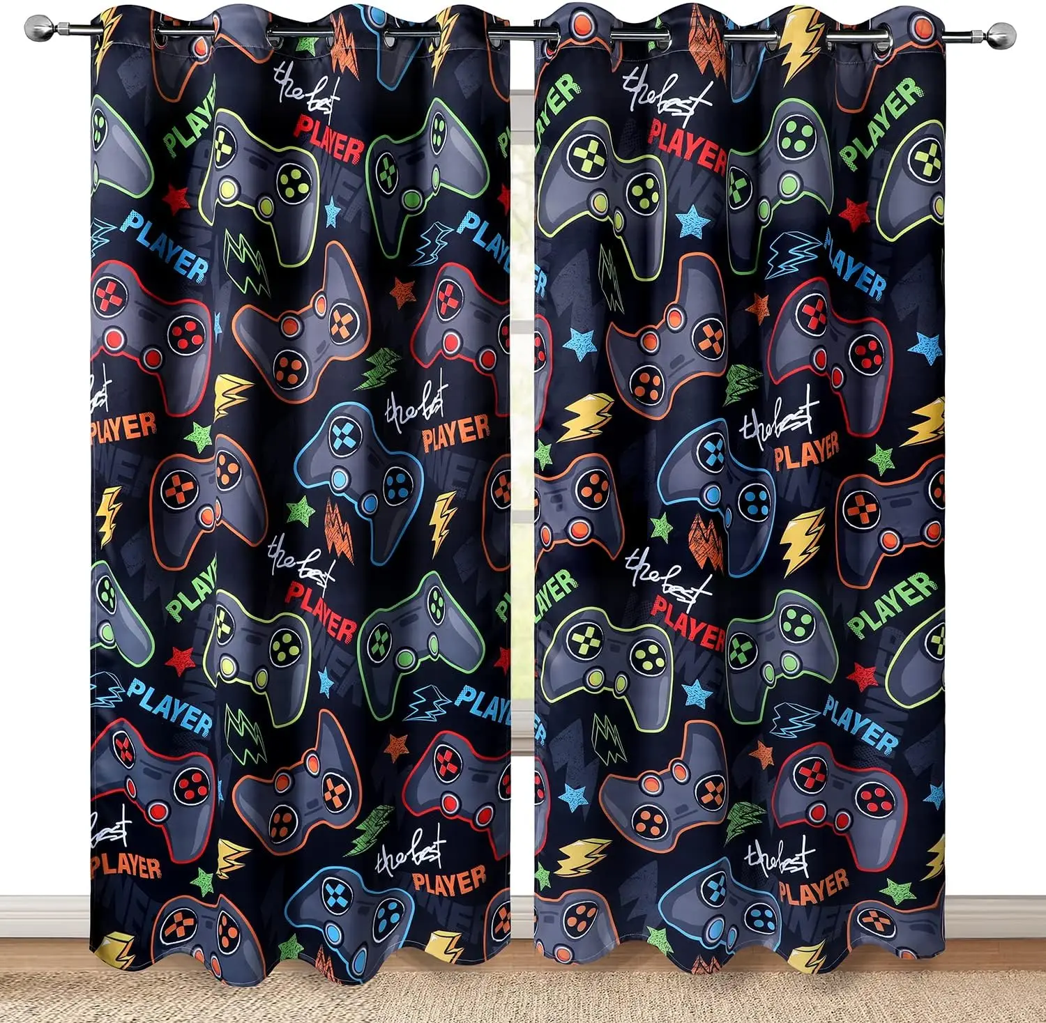 Gaming Curtains for Boys Game Room Decor,Gamer Curtains for Teens Kids Star Universe Plaid Game Controller Print Window cortinas