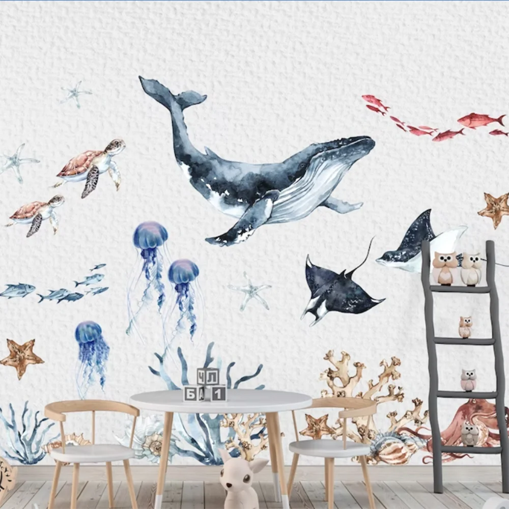 Watercolor Ocean Animal Wall Sticker Kids Room Nursery Turtle Octopus Whale Fish Wall Decal Bedroom Playroom Vinlyl Decor