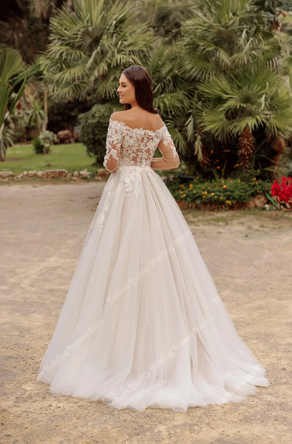 فساتين زفاف بدون أكتاف وأكمام طويلة للنساء مزينة بالدانتيل زي العرائس طول التطهير Vestidos De Novia مخصصة 2026 #2