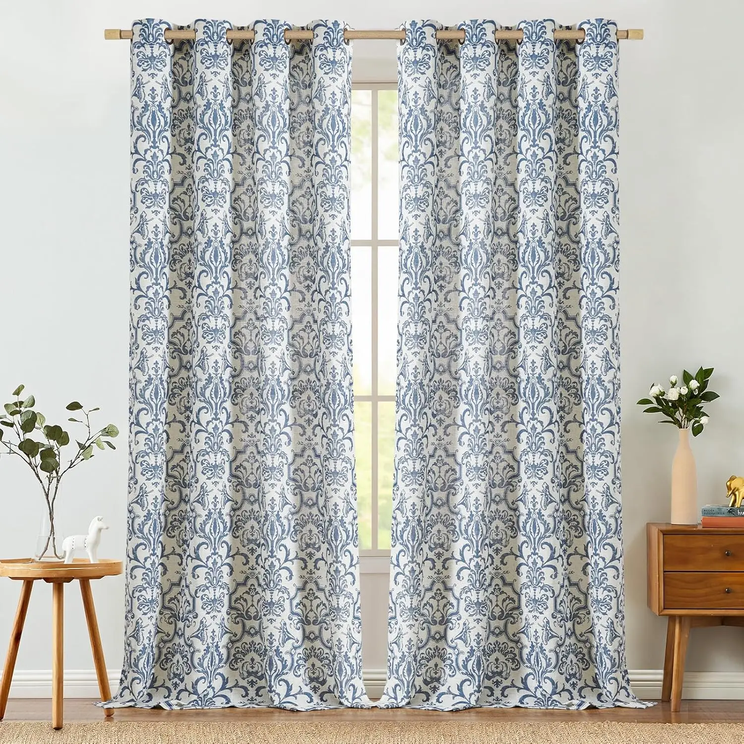 

Extra Long Linen Curtains for Living Room & Bedroom - Slate Blue Damask 108 Inch & 9FT Long Light Filtering Vintage Curt