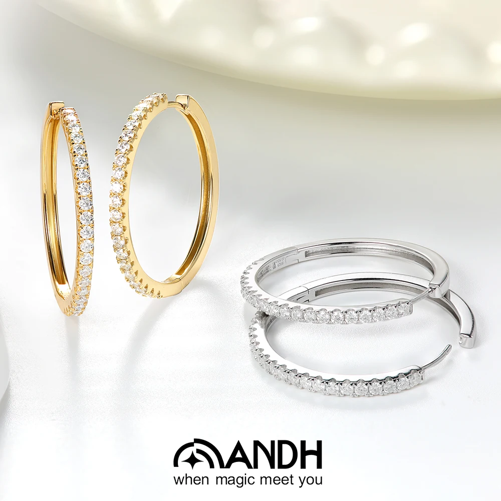 

ANDH сверкающие серьги-кольца с муассанитом для женщин, позолоченные 18 К, диаметр обручей 20/30 мм, элегантные повседневные вечерние ювелирные изделия, подарки