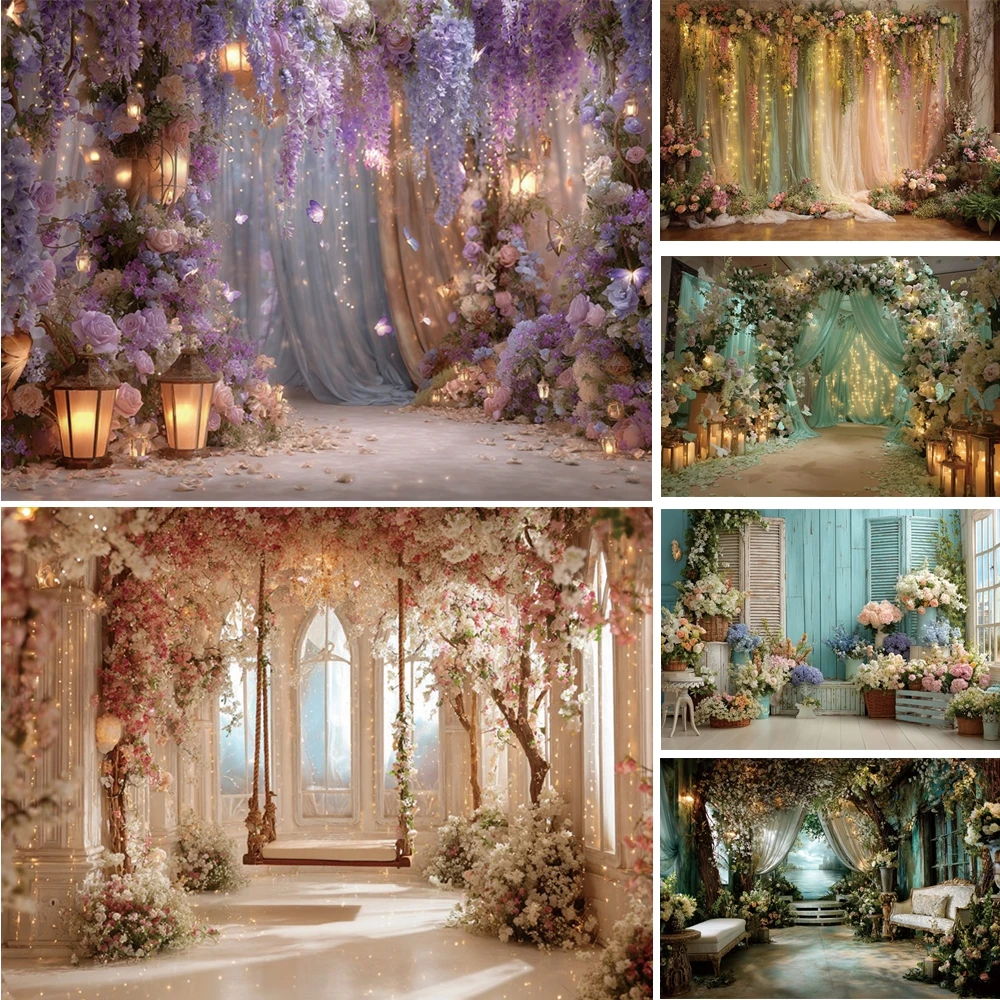

MOON.QG Glow Floral Path Background Curtain Lantern Petal Backdrop Maternity Wedding Photocall Wallpaper Photography Props Decor