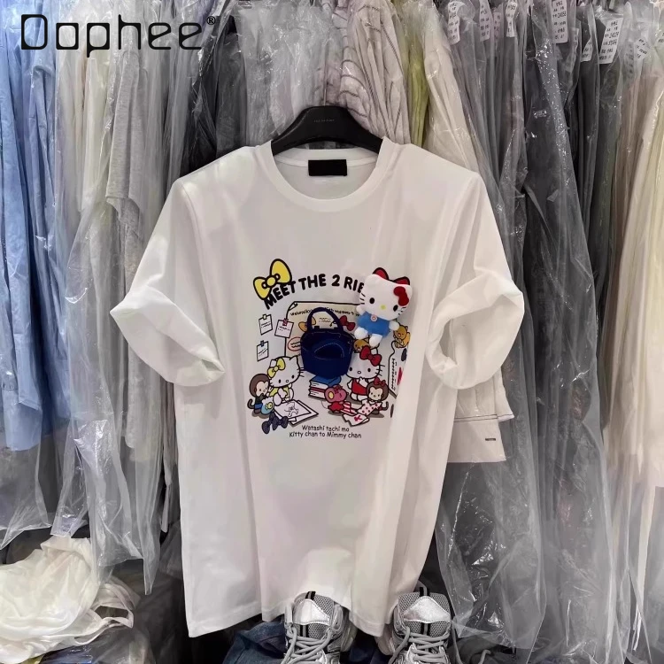 

Summer New Cute Three-dimensional Doll Cat Print Short-sleeved T-shirt 2025 Loose Casual Shoulder Pad Top Women Clothing