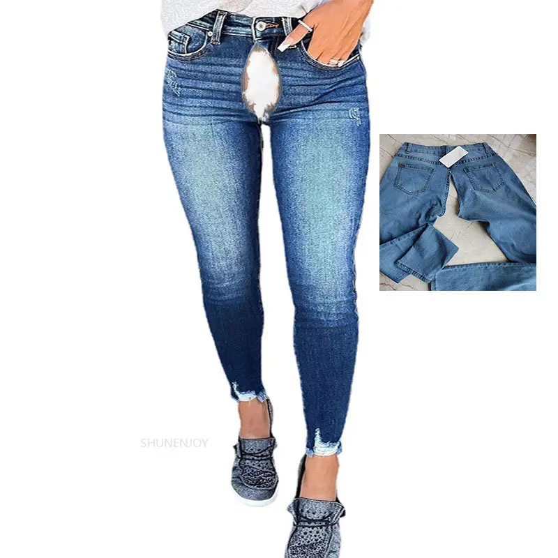 Women‘s High Waist Skinny Stretch Ripped Jeans Destroyed Denim Pants Plus Size Invisible crotch open Pants Sexy Boyfriend Jeans