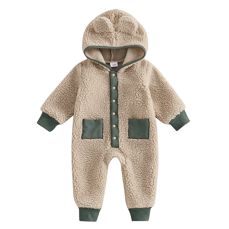 Baby Boys Girls Fleece Jumpsuits Newborn Winter Warm Long Sleeve Contrast Color Button Up Hooded Rompers for Toddlers