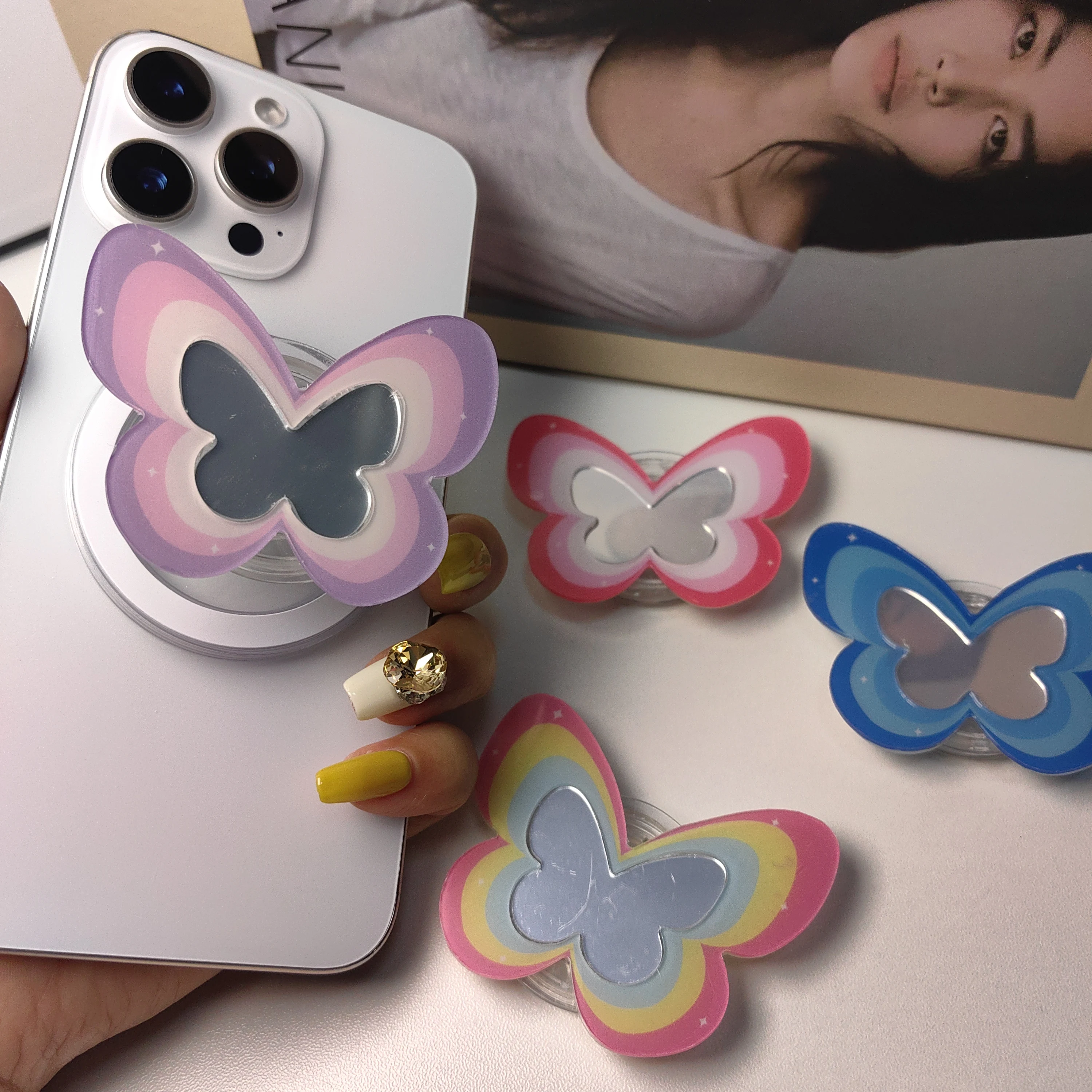 

Korean Cute Butterfly Mirror Phone Holder Griptok Support For iPhone Samsung Cases Grip Tok Socket Bracket Girl Gift