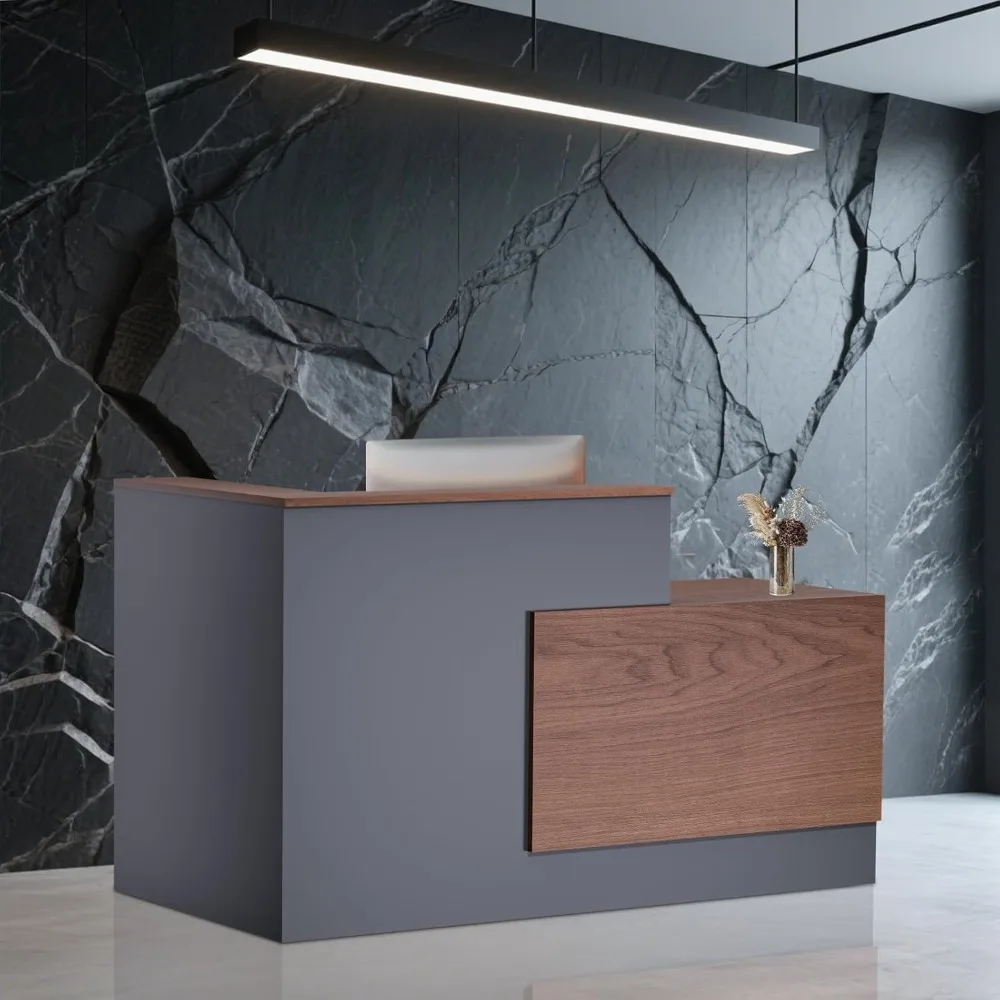 

large 71" l-shaped modern reception desk with counter and storage cabinet for office and salon