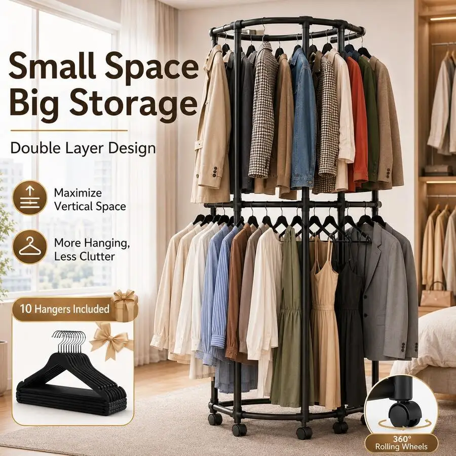Pxxq 2 Layers Clothes Rack With 10 Free Hangers, Hexagonal Rotating Garment Rack With Wheels, Large Capacity Closet Organizer, H