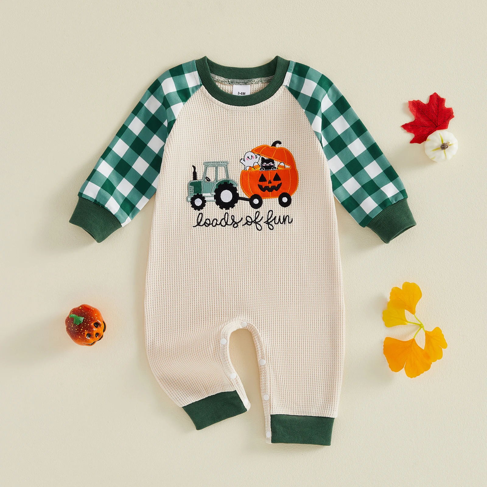 Autumn Baby Jumpsuit Casual Long Sleeve Round Neck Pumpkin Tractor Embroidery Romper Newborn Baby Outfit