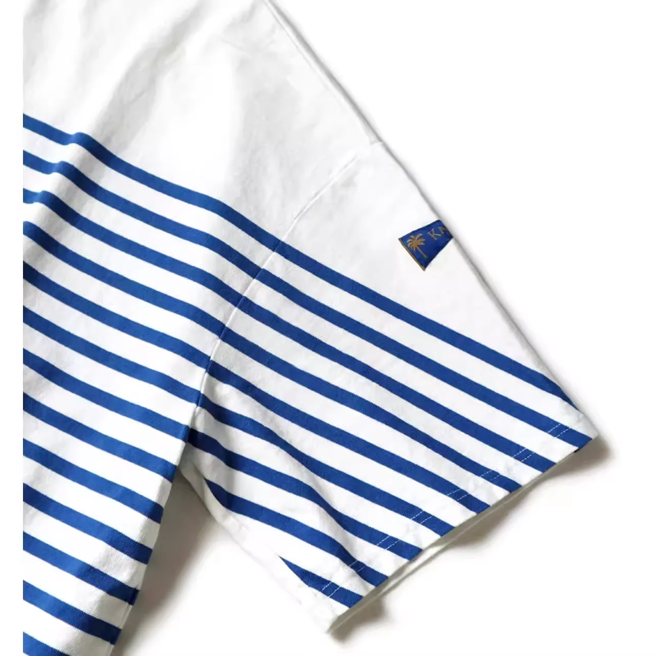 22SS KAPITAL Hirata Kazuhiro blue and white striped color matching loose three-flag five-quarter sleeve round neck short-sleeved