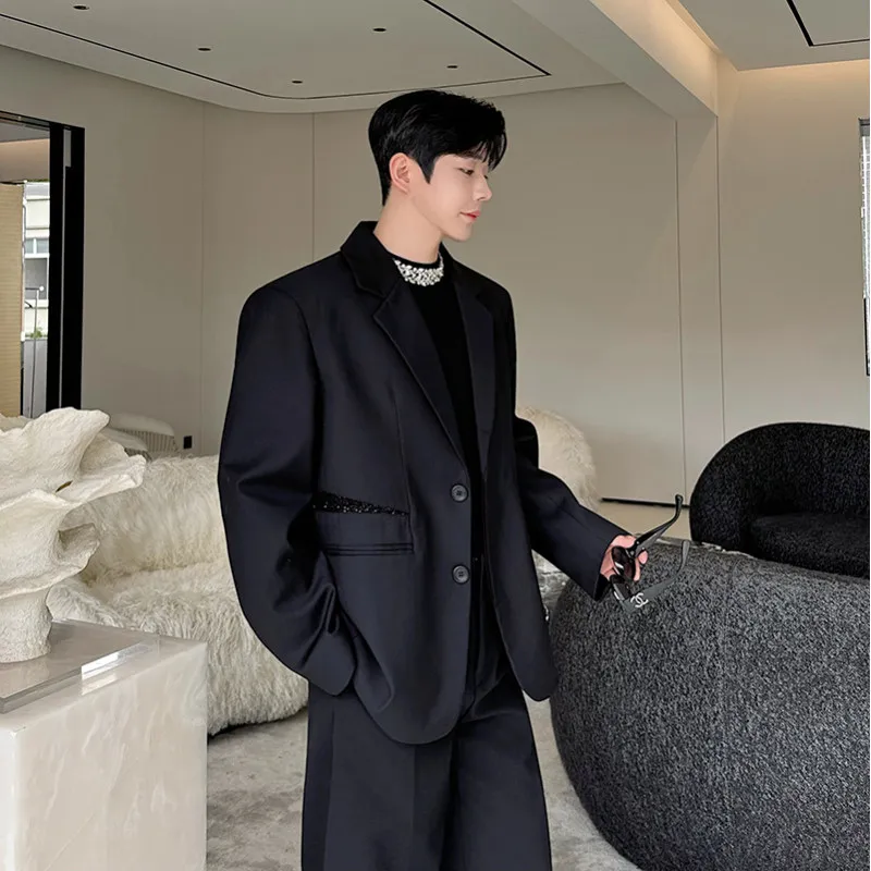 

Мужской свободный пиджак с черными пайетками и вырезами, в уличном стиле, повседневный, модный, корейский, приталенный, с длинными рукавами