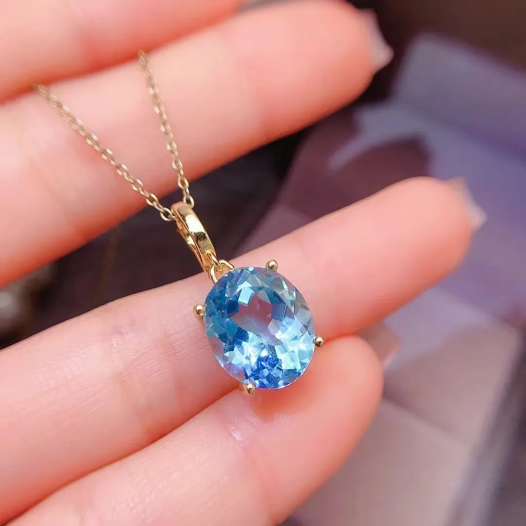 hot selling 925 silver topaz pendant 9mm*11 3ct natural topaz necklace pendant 18K gold plated sky blue topaz jewelry