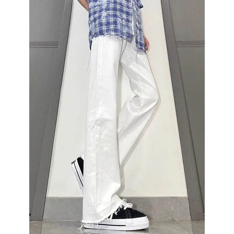 

White Micro Flare Straight Leg Jeans Men's High Waist Slimming Pants American High Street Vibe Bell Bot Casual Cotton Pol...