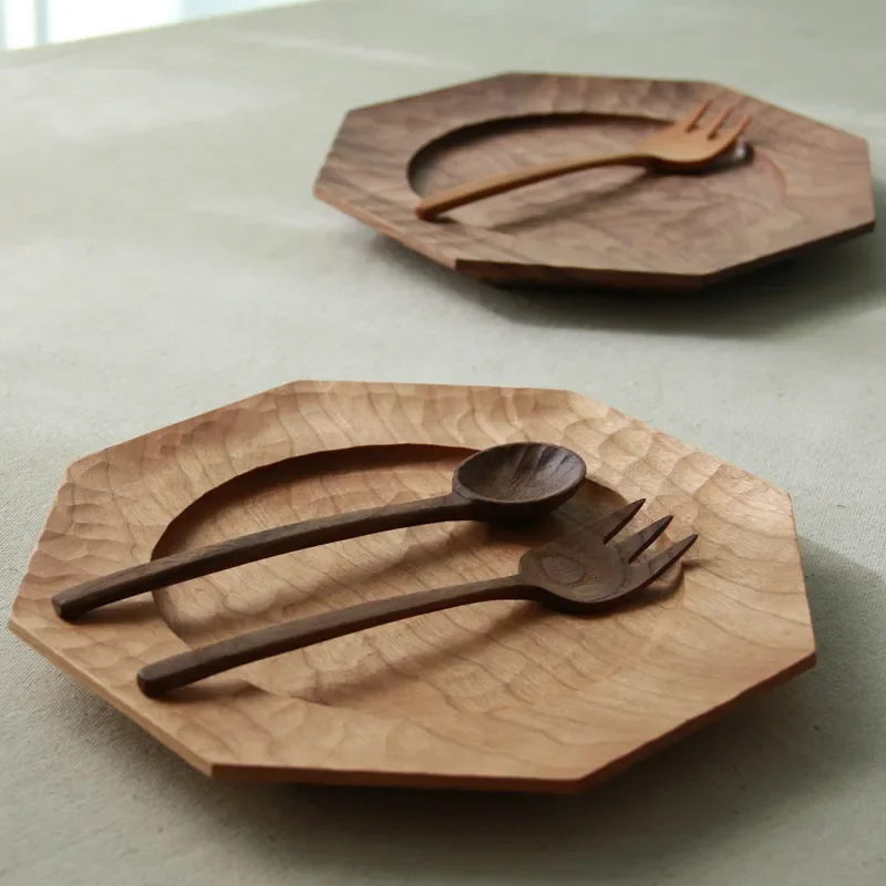 Hand Carved Cherry Wood Serving Tray Star Anise Pattern Natural Wooden Plate for Western Food Pastry Dessert Dinner Tableware