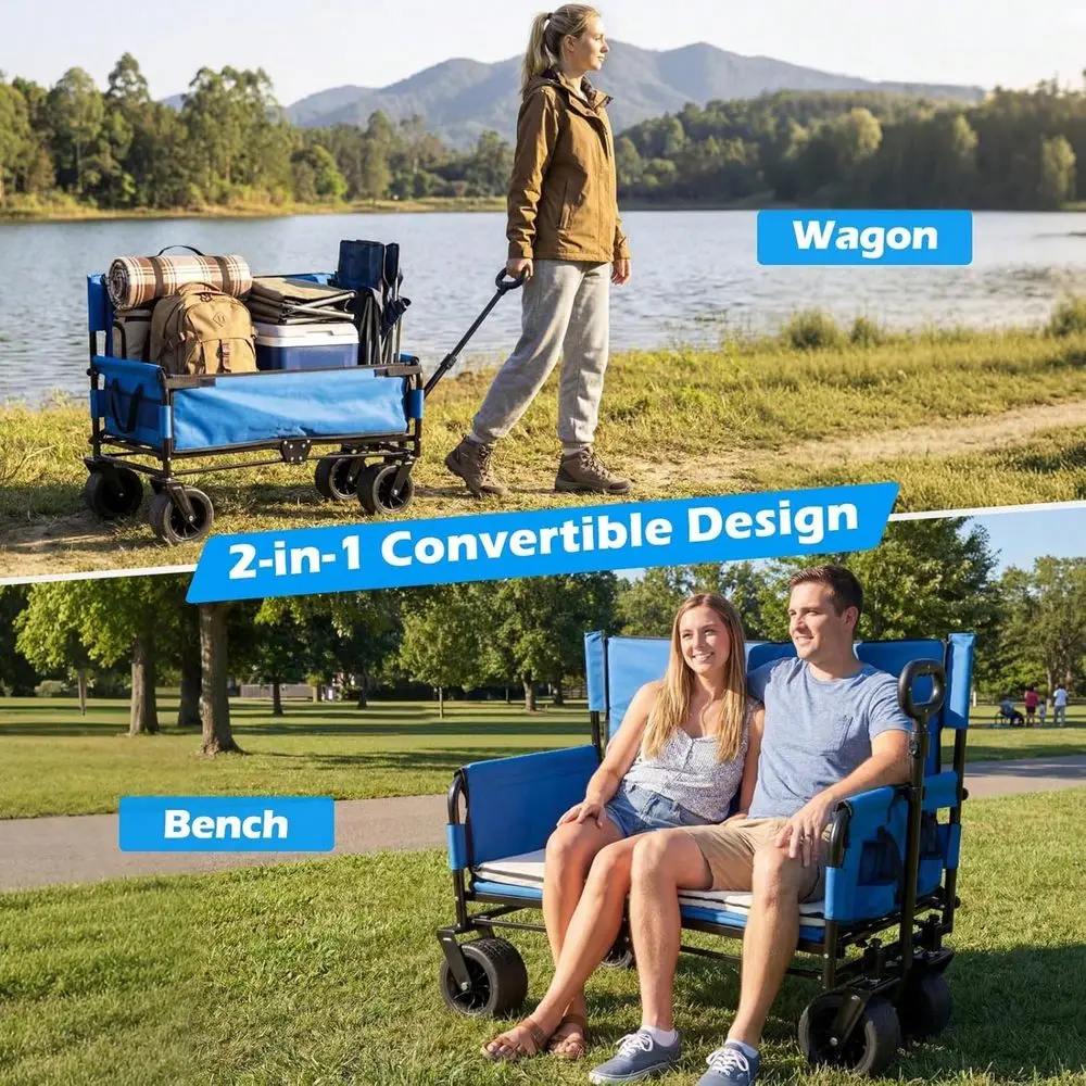 Wagon Bench Seat Combo, Collapsible Folding Beach Cart With Adjustable Push Pull Handle, Soft Cushions AllTerrain Wheels, Heavy - view 4