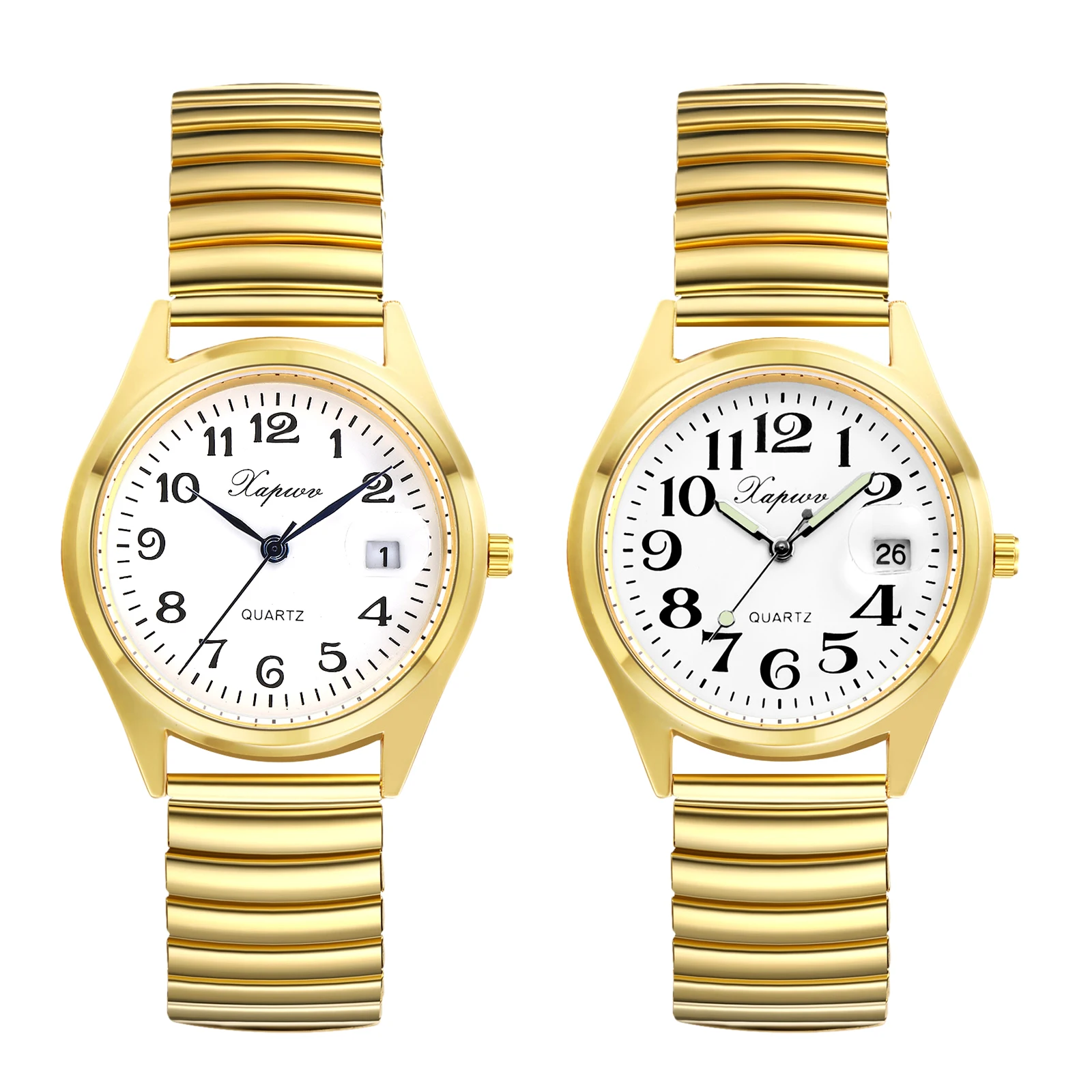 Relógio digital à prova d'água com cinta elástica, pulseira de aço dura, quartzo analógico, ponteiros luminosos, calendário dourado, dia dos namorados presentes