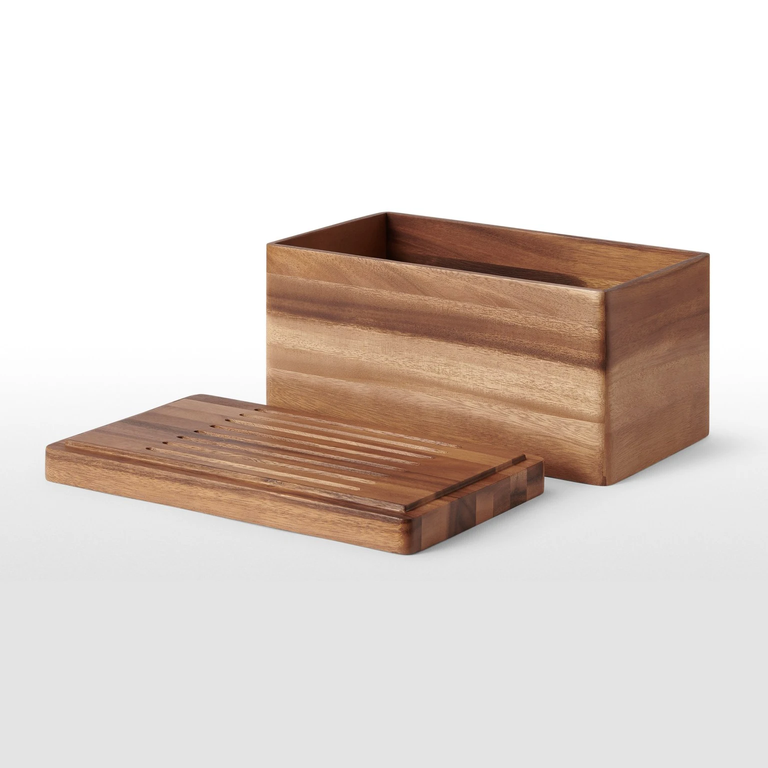 Elegant Acacia Solid Wood Bread Bin with Carved Cutting Board Lid & Wooden Serving Tray Includes Elegant Bread Box