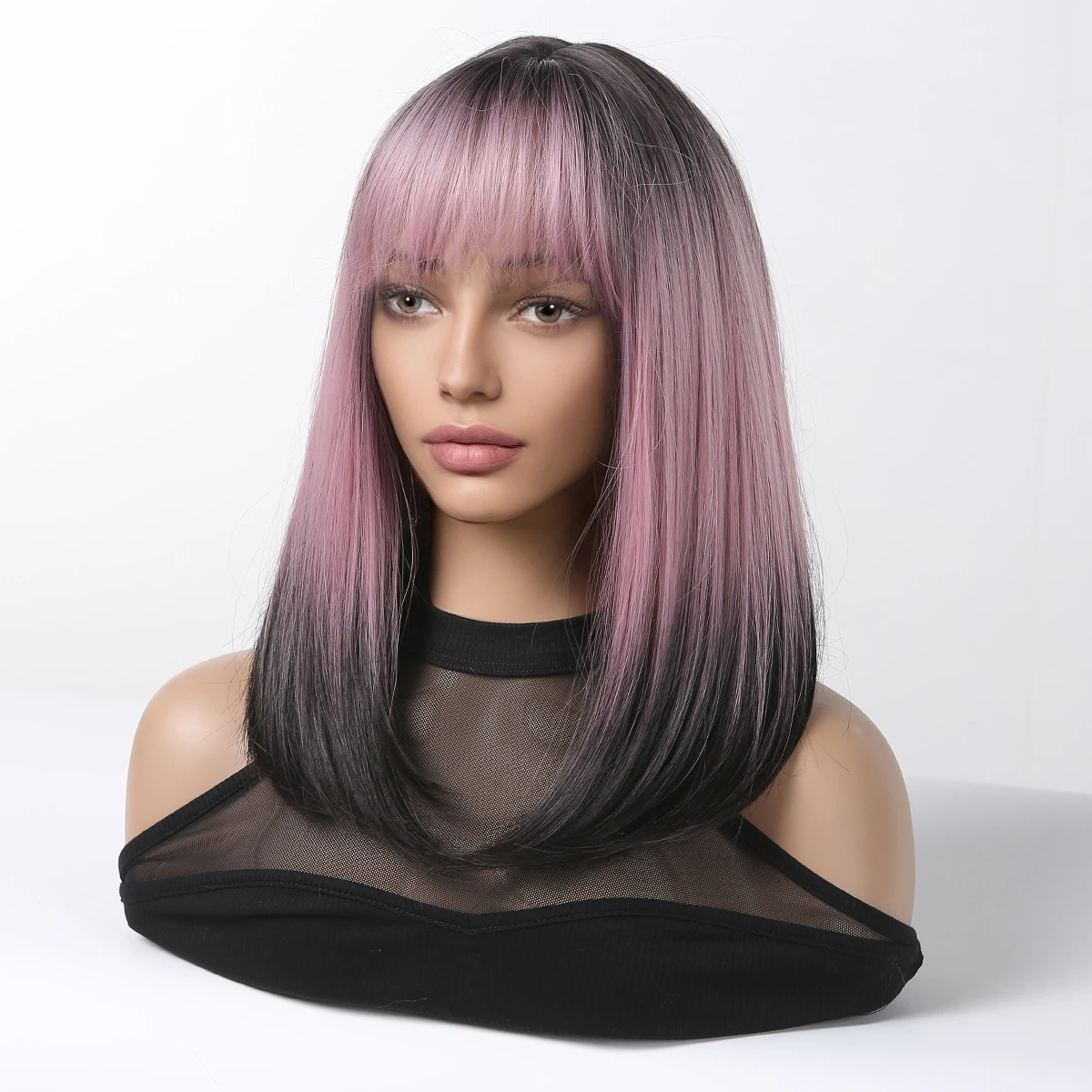 Peluca sintética con flequillo para mujer, pelo Negro, Rosa, medio recto, Bob corto, Gris, Rosa, degradado, Afro, Cosplay, resistente al calor