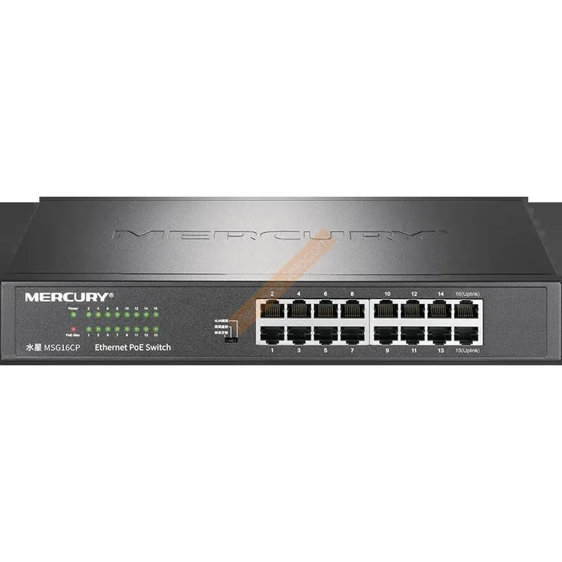 Mercury 16 Port Gigabit PoE Ethernet Switch @128W 2 Dual Uplink Port Design, Plug-and-play Monitoring Network Splitter MSG16CP