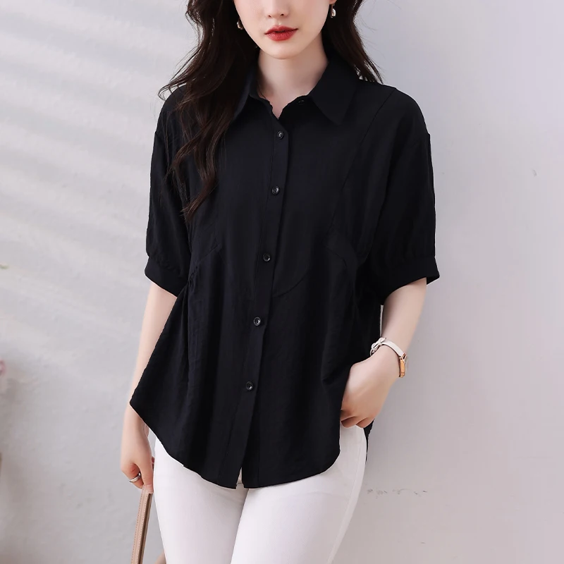 2024 Summer Korean Loose Short Sleeved Black Shirt for Women Chic Fashion Design BF Blouse Ladies Casual Blaus Shirts Tops Mujer