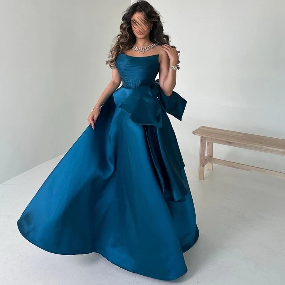 Saudi Arabia Evening Gowns A-Line Satin Sleeveless Strapless Floor Length Pleats Solid Color Bespoke Occasion Gowns Classic 2024