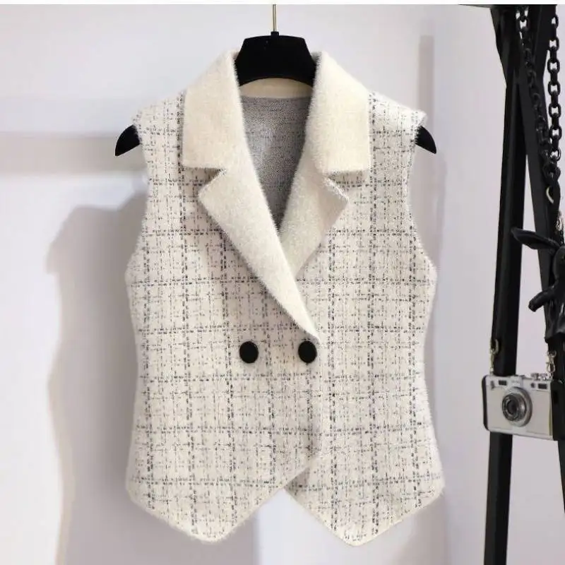 Autumn and Winter New Lapel Mink Vest Women\'s Wear Waist Sweater Vest Versatile Knitted Top