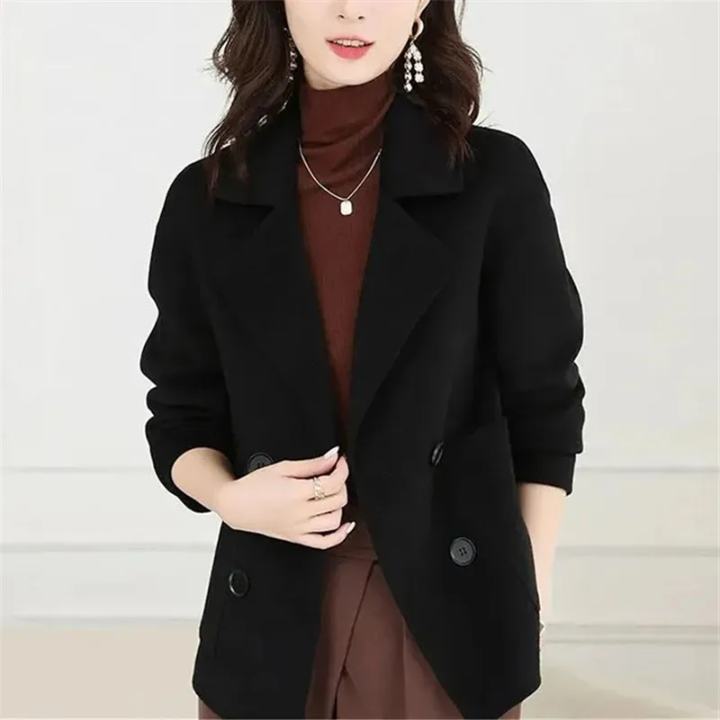 

Autumn Winter Coat Women's Solid Color Thickened Woolen Jacket Lapel Double-breasted Pockets Fashion Casual Female Clothing 397