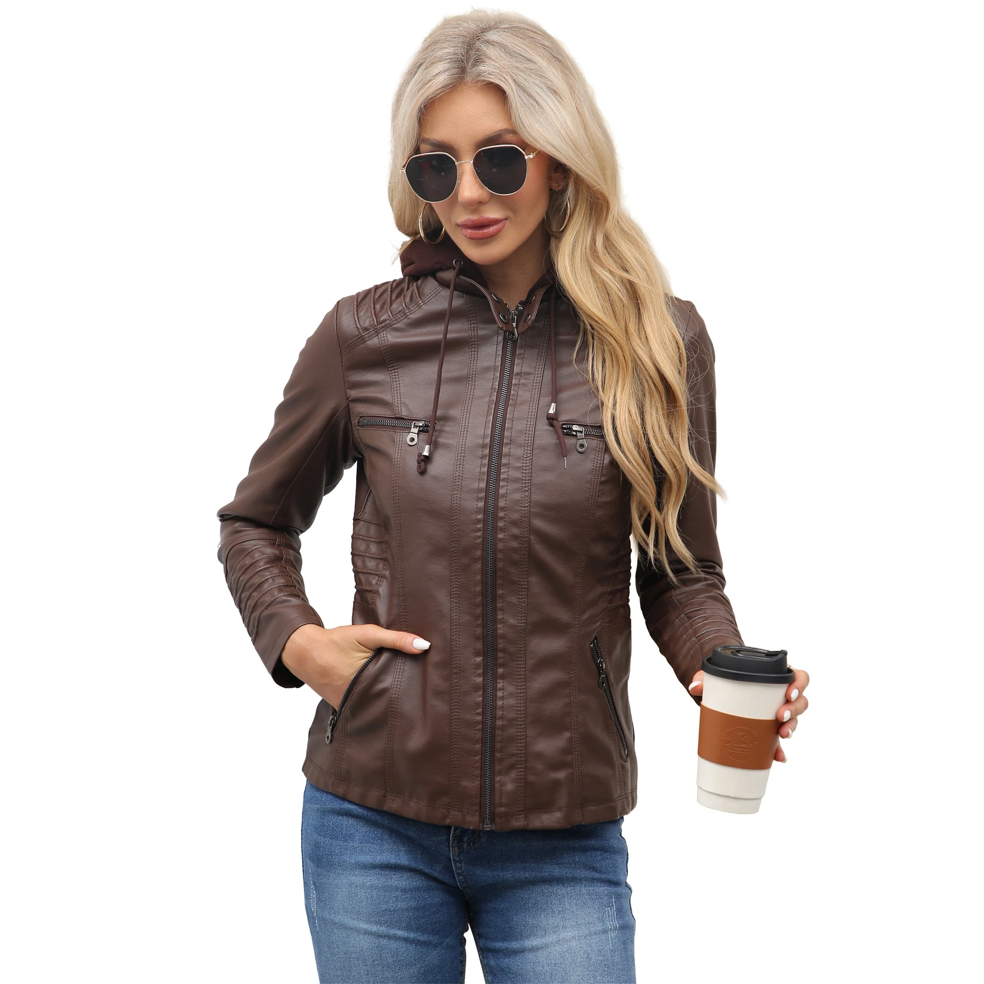ربيع الخريف المرأة مقنعين Jaet معطف مجموعة انفصال حجم كبير بولي Leather الجلود Waed ملابس خارجية طويلة Sve سستة إغلاق