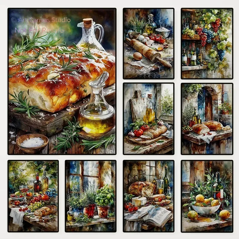 Mediterranean Food Still Life Poster Watercolor Pasta Bread Tomato Wine Canvas Painting Wall Art Rustic Kitchen Room Home Dec