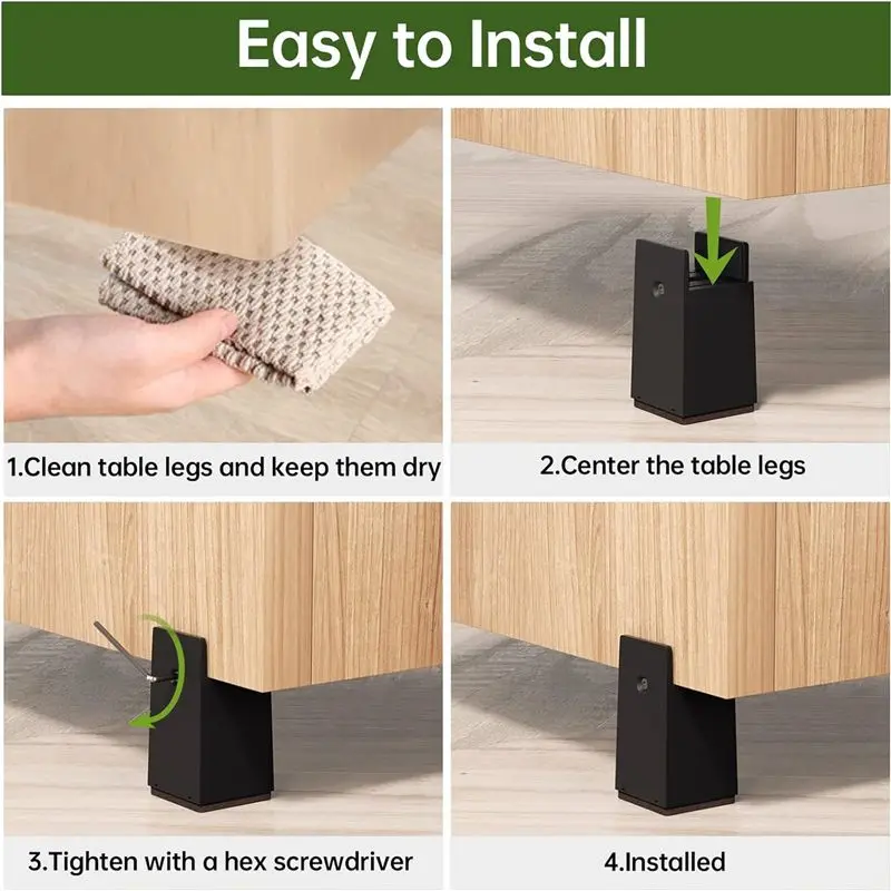 AF95-Bed Risers, blocos de riser de mesa ajustáveis de 4 polegadas com braçadeira de parafuso 4 pacotes de elevadores de cadeira resistentes se encaixa em larguras de 0-2 polegadas