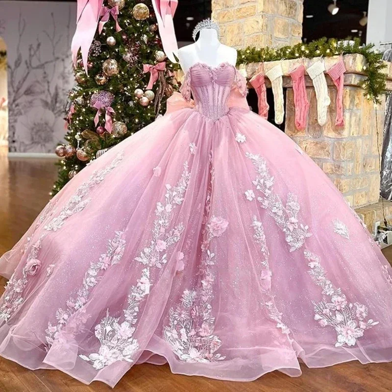 فستان مكشوف الكتفين من نوع ANGELSBRIDEP-Pink Quinceanera ، حلو 15 ظهر من الكريستال ، زهرة دانتيل ، فساتين حفلة موسيقية ، فستان حفلة منتفخ ، مطرز بالخرز