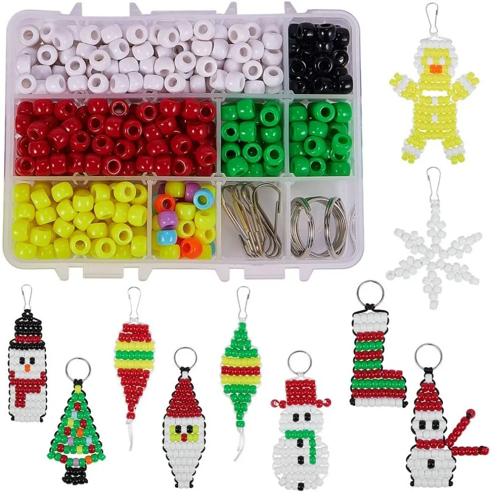 1 Box DIY Make 10PCS Christmas Theme Bead Pets Kit 8mm Pony Beads Assortment Box Set with Key Ring & Lanyard Clips, Instruction