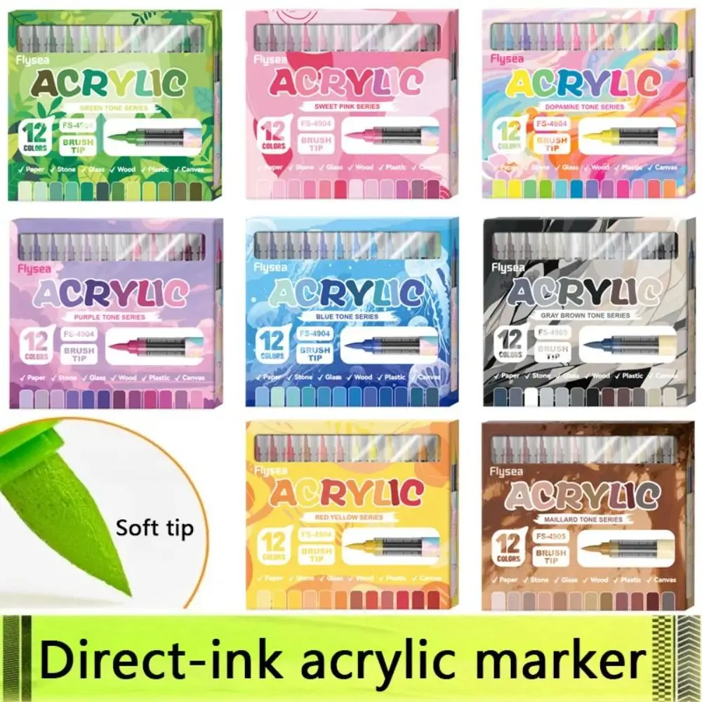 12 Colors Acrylic Paint Markers Soft Brush Tip DIY Acrylic Marker Pen Drawing Direct-Liquid Ink Premium Highlight Marker